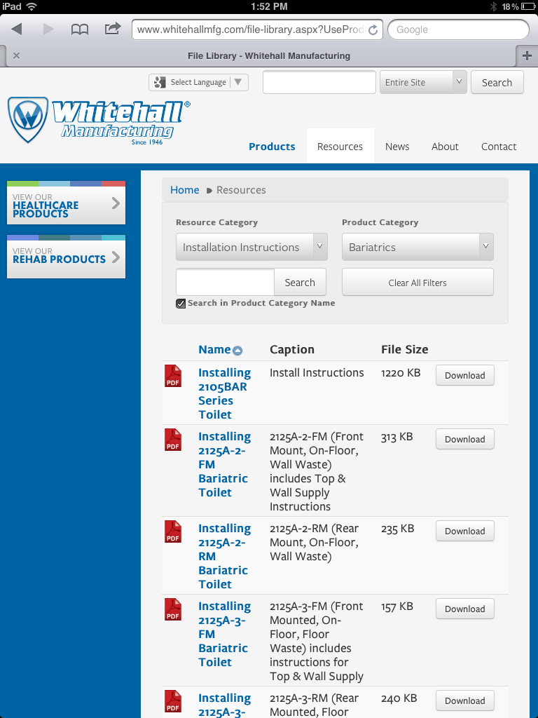 Whitehall Mfg iPad Screen Shot