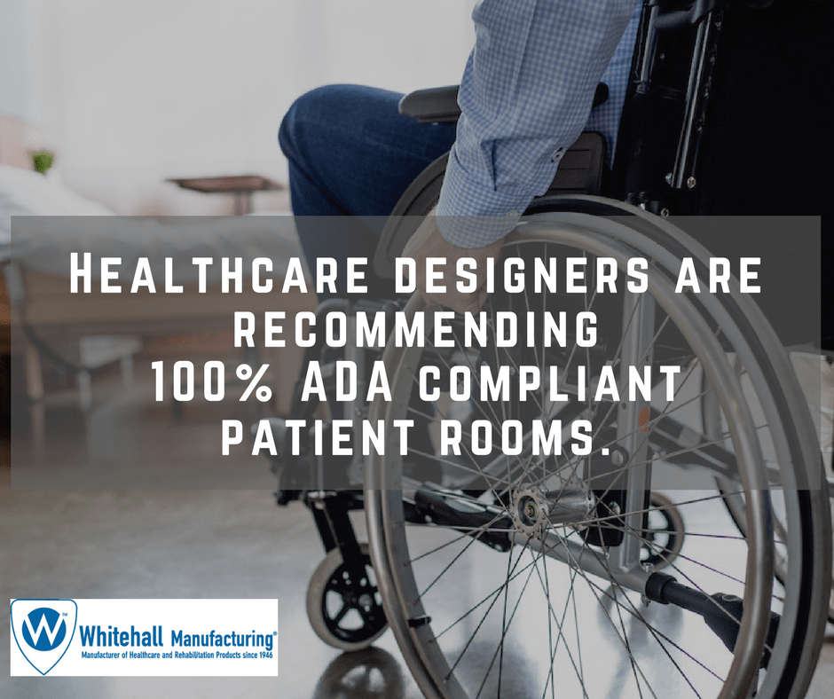 ada bathroom design for healthcare patient in wheelchair w/text "healthcare designers recommending 100% ADA compliant patient rooms