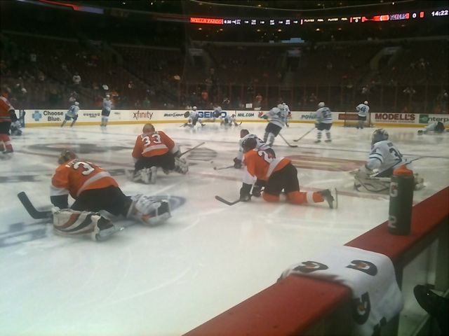 Philadelphia Flyers and Toronto Maple Leafs warming up before a game Philadelphia Flyers and Toronto Maple Leafs warming up before a game